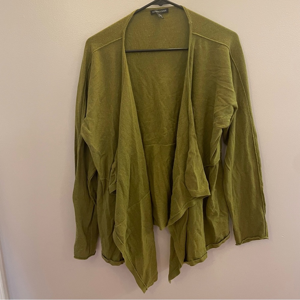 Eileen Fisher Green Organic Cotton Cashmere Open Drape Front Cardigan Large